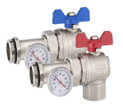 Кран коллекторный угловой с термометром 3/4